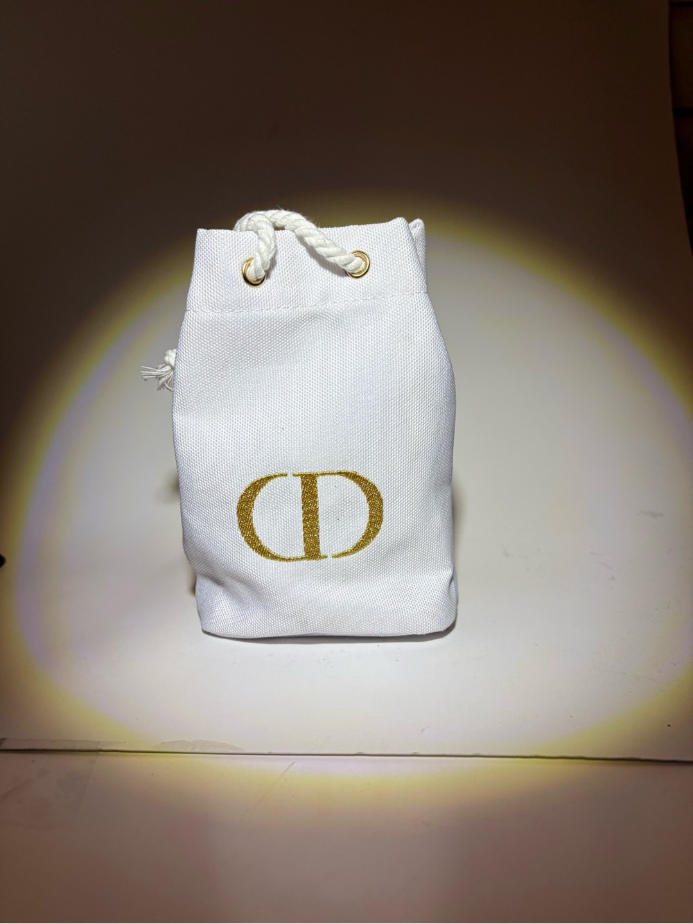 Dior White Canvas Drawstring Cosmetic Pouch with Gold Logo